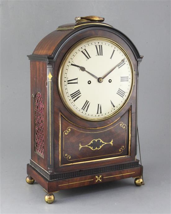 An early 19th century mahogany brass inlaid single pad topped bracket clock, height 19.5in.